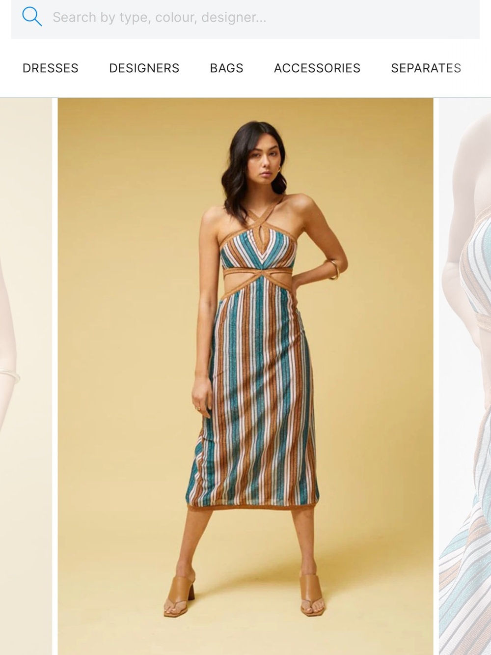 Suboo Striped Cutout Midi Dress in Teal, Brown & White